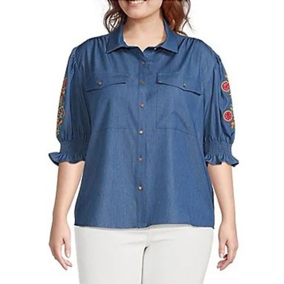 Calessa Womens Plus 3X Indigo Blue Embroidered Sleeve Denim Shirt Blouse Top New - Picture 2 of 8